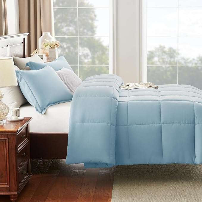 CozyLux King Size Comforter Set - Light Blue Comforter King Size, 3 Pieces Box Stitched Bed Set for All Seasons, Soft Lightweight Bedding Sets with 1 Down Alternative Comforter and 2 Pillow Shams