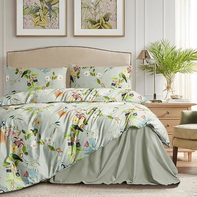mixinni Floral Comforter Set Full Size, Fluffy Soft Microfiber Cute Flower Birds Bedding Sets for All Season, 1 Vibrant Colors Comforter and 2 Pillowcases-Full Size