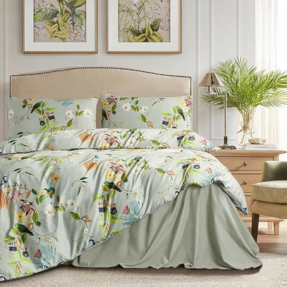 mixinni Floral Comforter Set Full Size, Fluffy Soft Microfiber Cute Flower Birds Bedding Sets for All Season, 1 Vibrant Colors Comforter and 2 Pillowcases-Full Size