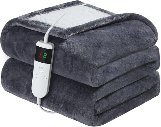 Electric Heated Blanket Twin Size 62''x84'' Soft Flannel & Sherpa Electric Blanket with 10 Heating Levels, Automatically Shut Down After 8h with Overheat Protection Machine Washable