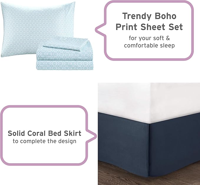 Intelligent Design Complete Bed In A Bag Casual Boho Comforter with Sheet Set Decorative Pillow, All Season Bedding Set, Twin XL, Loretta Navy 7 Piece