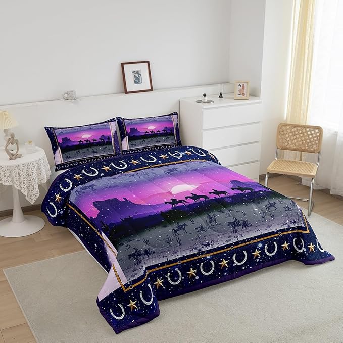 Feelyou Purple Western Decor Comforter Toddler Size Wild Western Cowboy Comforter Set for Boys Girls Children Horse Setting Sun Glitter Bedding Set Room Decor Horseshoes West Texas Star Duvet Set 2Pcs