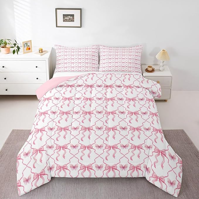Erosebridal Pink Kawaii Bow Down Comforter Cute Butterfly Twin Size Comforter Set for Girls Kids Women,Pink White Bowknot Bedding Set Bow Geometric Plaid Quilt Set