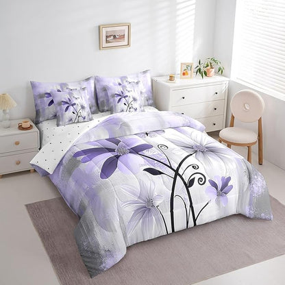 Feelyou Girls Daisy Flower Comforter Set with Sheets King Size 7 Pieces Kids Vintage Floral Butterfly Bedding Set for Boys Women Teens Purple White Grey Simple Modern Abstract Art Bed in a Bag