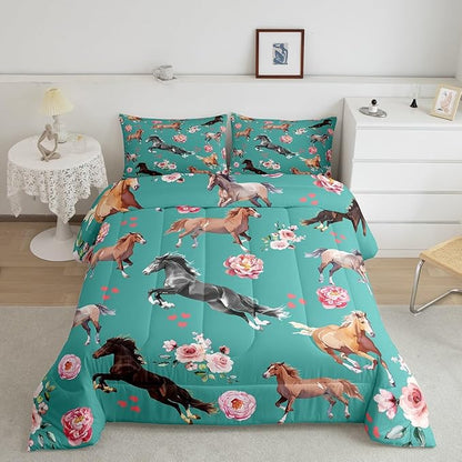 Horse Comforter Set King for Cowboy Cowgirl,Southwest Rose Petal Bedding Set for Youth Adult,Rustic Horse Quilt Set for Bedroom Decor,Vintage Farmhouse Wildlife Down Comforter with 2 Pillowcases