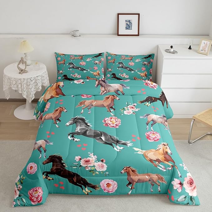 Horse Comforter Set Twin Size Farm Western Cowboy Cowgirls Bedding Set for Kids Boys Girls Teens Rose Floral Quilt Set Cute Lover Heart Decor Kawaii Horse Down Comforter with 1 Pillowcase Warm