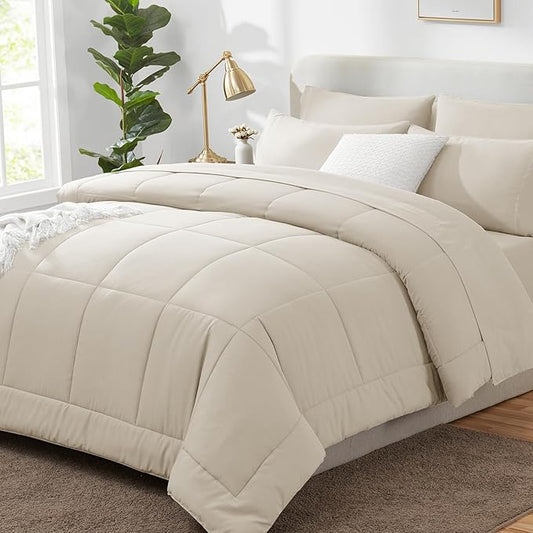 CozyLux Twin XL Comforter Set Beige, 5 Pieces Twin Extra Long Bed in a Bag for College Dorm, All Season Bedding Set with Stitch Quilted Comforter, Flat Sheet, Fitted Sheet, Pillowcases