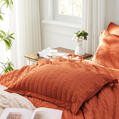 Zzlpp King Comforter Set 7 pieces, Burnt Orange Seersucker Bed in a Bag with Sheets, Lightweight Bedding Sets with 1 Comforter, 2 Pillow Shams, 2 Pillowcases, 1 Flat Sheet, 1 Fitted Sheet