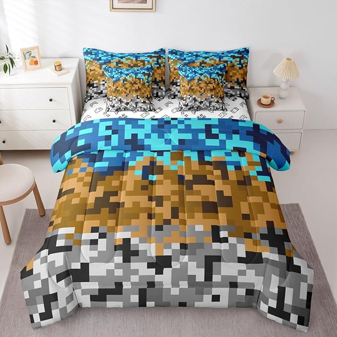 Pixelated Miners Gaming Bedding Set Queen Size,Blue Brown Grey 7pcs Comforter Set Kids Boys Teens Room Decor,Construct Theme Games Flat + Fitted Sheet Geometric Block 2 Cushion Cover,2 Pillowcase
