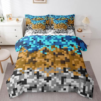 Pixelated Miners Gaming Bedding Set Queen Size,Blue Brown Grey 7pcs Comforter Set Kids Boys Teens Room Decor,Construct Theme Games Flat + Fitted Sheet Geometric Block 2 Cushion Cover,2 Pillowcase