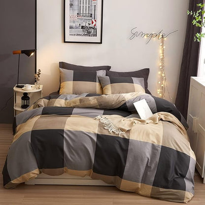 HighBuy Khaki Queen Comforter Set Buffalo Plaid Checkered Bedding Comforter Set Modern Style Gingham Comforter with 2 Pillow Shams Grid Pattern Bedding Comforter Queen for Boys Men All Season