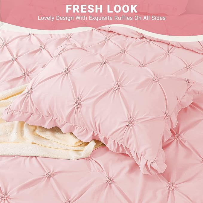 JOLLYVOGUE Pink/Ivory Cal King Size Comforter Sets 7 Pieces, Pintuck Bed in a Bag Comforter Set for Bedroom, Bedding Comforter Sets with Comforter, Sheets,Ruffled Shams & Pillowcases