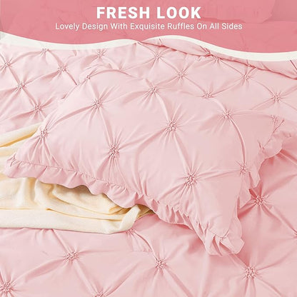 JOLLYVOGUE Pink/Ivory Cal King Size Comforter Sets 7 Pieces, Pintuck Bed in a Bag Comforter Set for Bedroom, Bedding Comforter Sets with Comforter, Sheets,Ruffled Shams & Pillowcases