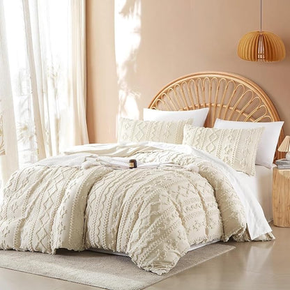Boho Tufted Comforter Set Queen Size Beige Geometric Tufted Bedding Set 3 Pieces Farmhouse Shabby Chic Embroidery Comforter Soft Jacquard Bed Set for All Seasons with 2 Pillowshams
