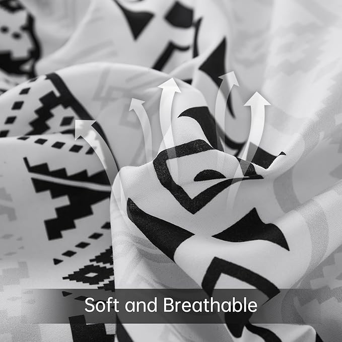 Luxudecor Black Comforter Set King Size 7 Pieces,Boho Aztec Comforter with Sheet Set,Geometric Striped Pattern Bed in a Bag,Soft Microfiber Bed Set 104"x90"