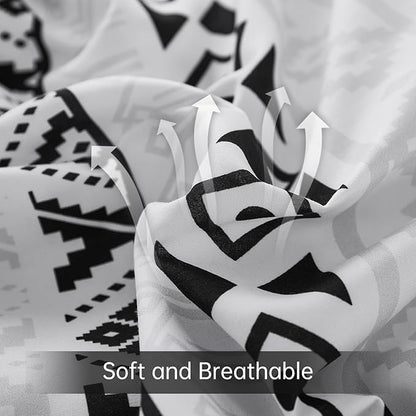 Luxudecor Black Comforter Set King Size 7 Pieces,Boho Aztec Comforter with Sheet Set,Geometric Striped Pattern Bed in a Bag,Soft Microfiber Bed Set 104"x90"