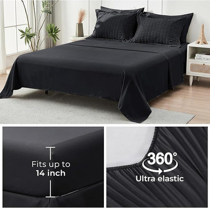 HYMOKEGE Black Oversized Queen Comforter Set Seersucker 7 Pieces, All Season Luxury Bed in a Bag for Bedroom, Bedding Set with Comforter, Sheets, Pillowcases & Shams