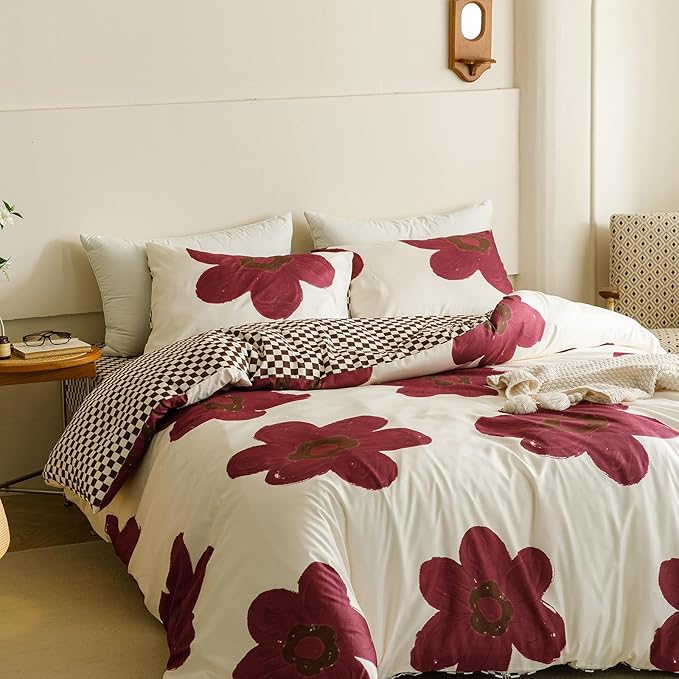 CLOTHKNOW Burgundy Floral King Size Comforter Set Sunflower Bedding Comforter Sets Soft Brown Plaid Comforter with 2 x Pillow Cases