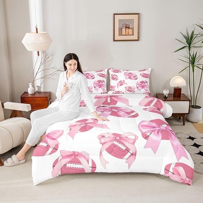 Bowknot Football Comforter Set Twin Size,Pink Bow Knot Print Bedding Sets 2Pcs for Kids Girls Women Room Decor,Ball Sport Games Theme Quilted Duvet Cute Cartoon Girly Down Comforter,1 Pillowcase
