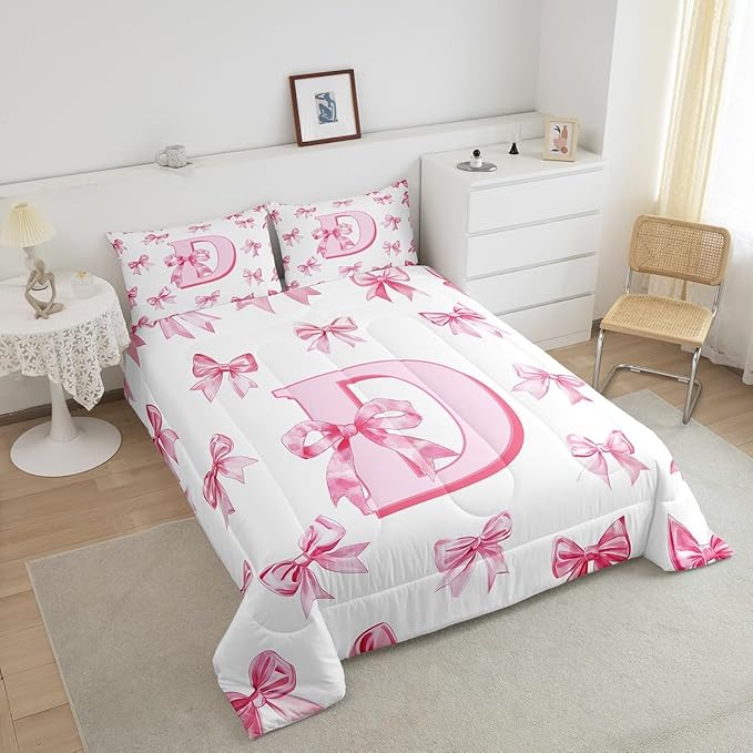 Erosebridal Initial D Letter Comforter Set Queen Kawaii Princess Bowknot Girls Bedding Set Dreamy Romantic Bow Bedding Comforter Sets Princess Style Bowknot Quilt Duvet for Kids Teen Women