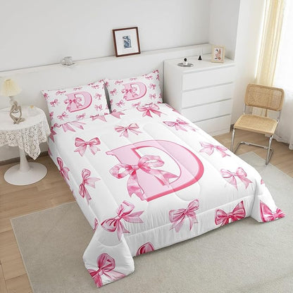 Erosebridal Initial D Letter Comforter Set Queen Kawaii Princess Bowknot Girls Bedding Set Dreamy Romantic Bow Bedding Comforter Sets Princess Style Bowknot Quilt Duvet for Kids Teen Women