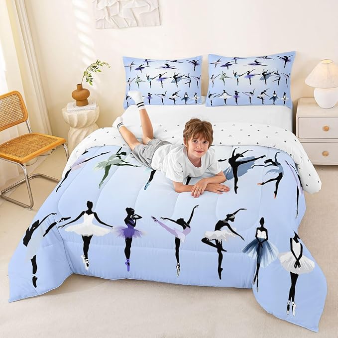 Erosebridal Girl Comforter Set King Size Ballet Bedding Set for Girls Women Kids Teens Dancing Theme Down Comforter Classical Graceful Style Warm Soft 3 Pieces Bedroom Decor Quilt Set