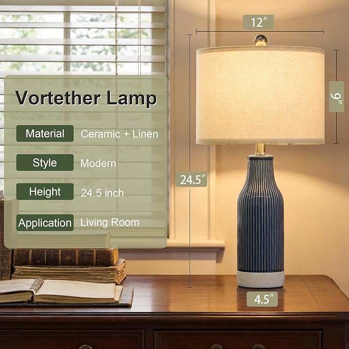 23.75" Modern Ceramic Table Lamps Set of 2, Stylish Bedside Lamps for Bedroom, Gorgeous Lamps for Nightstand, Lamps for Living Room, Farmhouse End Table Lamps, Blue Home Decor