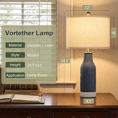 23.75" Modern Ceramic Table Lamps Set of 2, Stylish Bedside Lamps for Bedroom, Gorgeous Lamps for Nightstand, Lamps for Living Room, Farmhouse End Table Lamps, Blue Home Decor