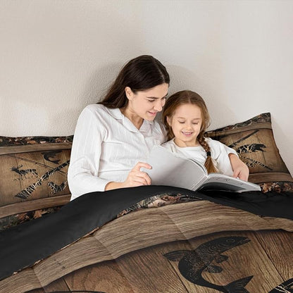 Erosebridal Rustic Farmhouse Bedding Sets Retro Camo Cabin Lodge Comforter Set King Hunting and Fishing Bedding Comforter Sets for Boys Adults Men Wildlife Bear Deer Fish Duck Quilt Set 3 Pcs