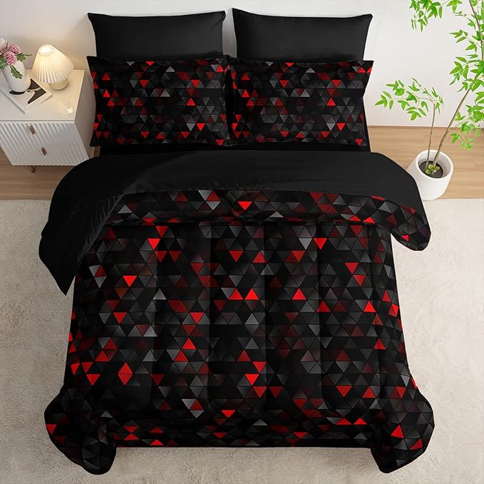 Geometric Red Black Triangle Queen Size Comforter Set,Light Honeycomb Bedding Set 7 Piece in A Bag,Bed Sheet Set Geometry Decor,Microfiber Lightweight All Season