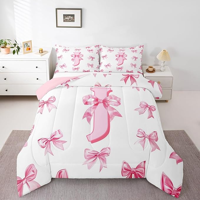 Erosebridal Kawaii Bowknot Girls Bedding Set Dreamy Princess Style Toddler Comforter Set for Kids Teen Women,Cute Initial Letter J Bow Bedding Comforter Sets Pink Chic Girly Bed Set Bedroom Decor