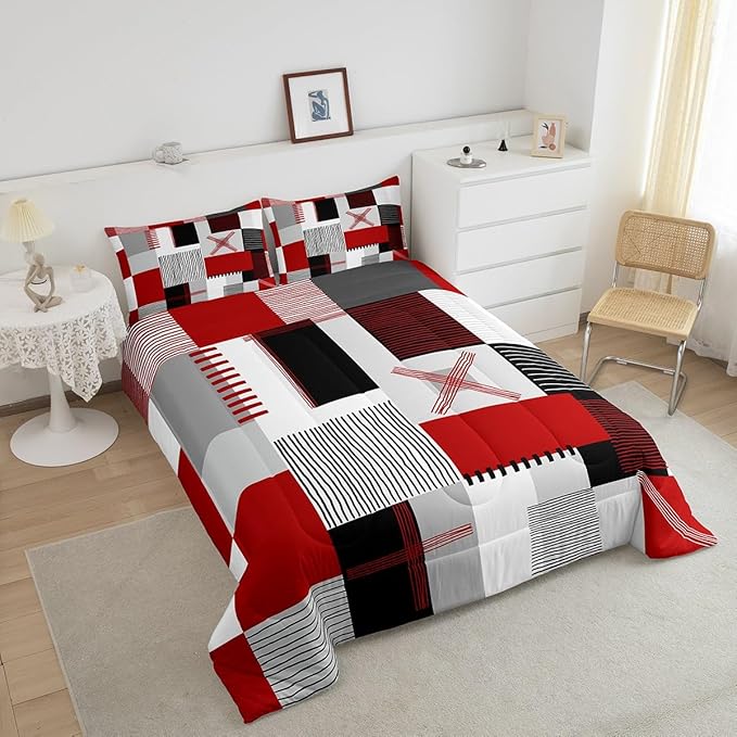 Erosebridal Red Grey Comforter Set Full for Kids Boys Teen Black White Abstract Bedding Set Modern Fashion Room Decor Geometric Square Quilt Grids Checkered Duvet Insert 3 Pcs