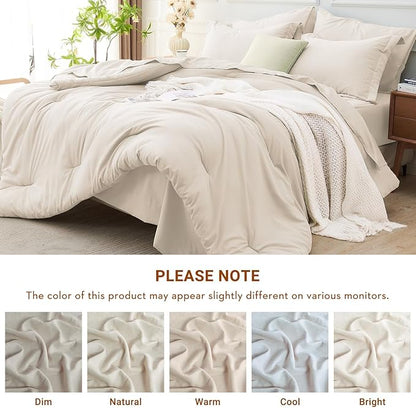 MUXHOMO 7 Pieces King Comforter Set, Soft Bed in a Bag King Size, All Season Bedding Set with Comforter, Flat Sheet, Fitted Sheet, Pillowcases & Shams, Beige