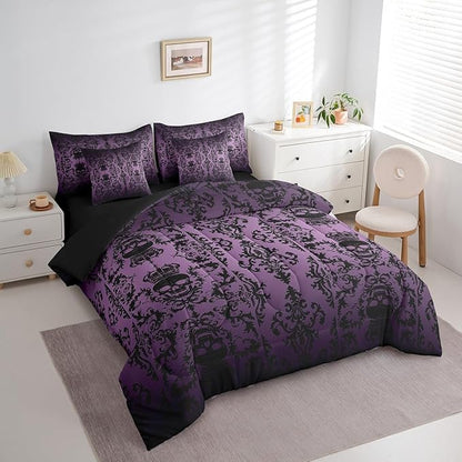 Erosebridal Sugar Skull 7 Piece Comforter Set Full Bed in a Bag,Gothic Bedding Set,Purple Black Damask Bohemian Vintage Floral Comforter and Sheet Set,Goth Skeleton Antique Victorian Baroque Decor