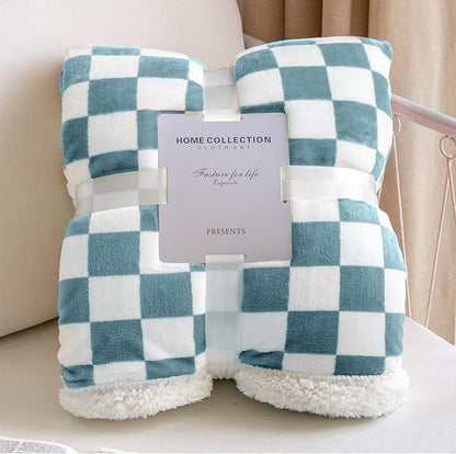 LOMAO Sherpa Throw Blanket Fleece Blanket with Checkered Pattern Soft Thick Blanket for Couch, Bed, Sofa Luxurious Warm and Cozy for All Seasons (Light Blue, 60"x80")