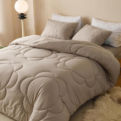 CLOTHKNOW Khaki Comforter Sets Twin/Twin XL 3Pcs Daisy Puff Bedding Comforter Sets Floral Comforter Boho Bedding Sets Twin
