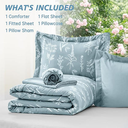 MUXHOMO Mineral Blue Twin Comforter Set, Elegant Floral Print Bed in a Bag 5 Pieces, Ultra Soft & Breathable Reversible Botanical Pattern Bedding Set with Comforter, Sheets, Pillowcase, and Sham