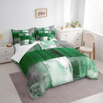 Erosebridal Green White Gray Full Comforter Set 7pcs Aesthetic Bed in a Bag, Watercolor Bedding Comforter Sets (1 Comforter + 1 Fitted Sheet + 1 Flag Sheet + 2 Pillowcase + 2 Throw Pillow Cover)