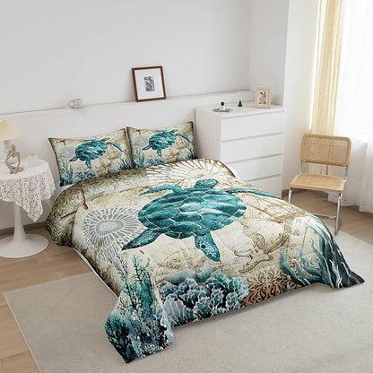 Erosebridal Turtle Bedding Teal Turtle Comforter Set Turquoise Ocean Themed Mediterranean Style Printed Design Ocean Turtle Down Comforter Quilted Duvet Set Full Size 1 Comforter 2 Pillowcases