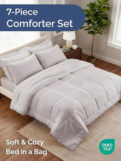 King Comforter Set - 5 Piece Bed in a Bag King Size Bed Set - Down Alternative Comforter, Flat Sheet, Fitted Sheet, Pillowcase & Shams for All Seasons - Ultra Soft, Comfy and Breathable - Light Grey