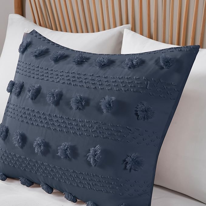 Intelligent Design King Comforter Set, Clipped Jacquard Comforter Set Chic Pompoms Accent, All Seasons Lightweight & Fluffy Comforter Bed Set with 2 Shams, Lucy, King/Cal King Navy 3 Piece