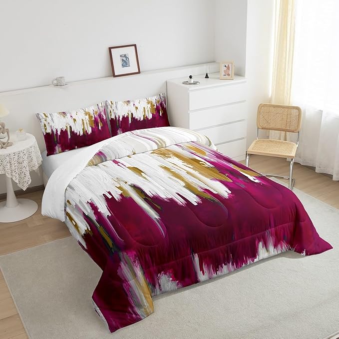 Erosebridal Abstract Graffiti Comforter Full Hot Pink Bedding Set for Girls Women, Oil Painting Gradient Down Comforter Modern Artwork Bed Set, Ombre Brush Strokes Quilted Duvet