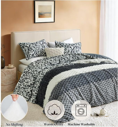 Petrichor Fluffy King Comforter Set - Black and White Striped Faux Fur Blanket for King Bed, Ultra-Soft Warm Bedding for Winter & Fall, Cozy 3 Piece Bed Set (1 Comforter & 2 Pillowcases)