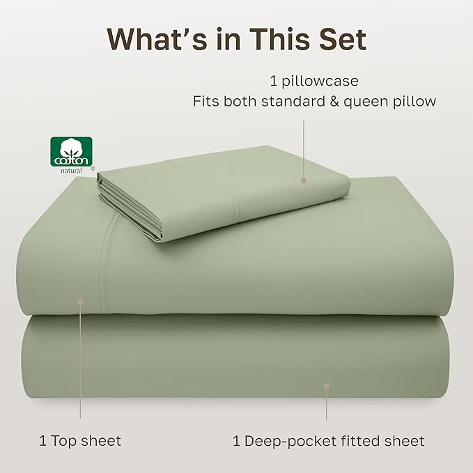 California Design Den Natural 100% Cotton Bed Sheets Twin Size Set - Luxury 600 Thread Count Sateen, Fully Elasticized Deep Pocket Sheet Set, Cool and Durable Hotel Quality Bedding - Laurel Green