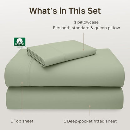 California Design Den Natural 100% Cotton Bed Sheets Twin Size Set - Luxury 600 Thread Count Sateen, Fully Elasticized Deep Pocket Sheet Set, Cool and Durable Hotel Quality Bedding - Laurel Green