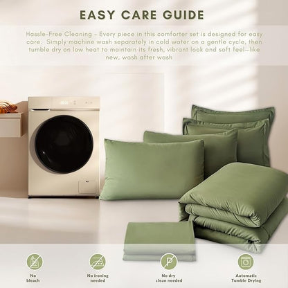 King Comforter Duvet Cover Set Olive Green - 7-Piece Bed in a Bag, Double Brushed Micorfiber All-Season Soft Bedding with Sheets & Envelope Pillowcases (102"x90",King)