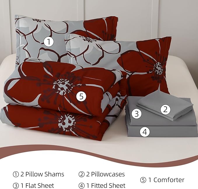 Anibedding 7Pieces Red Floral Comforter Set Queen Size, Soft Microfiber Red Grey Bed in a Bag Comforter Set with Sheets for All Season