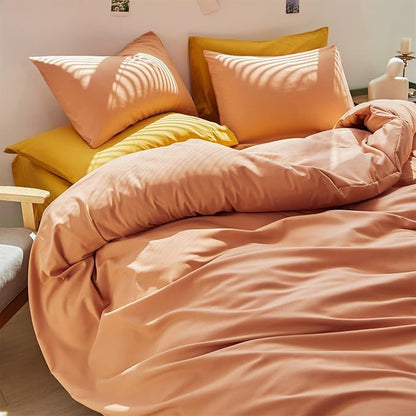 Cottonight Peach Comforter Set - Full Light Orange Bedding, Cotton Coral Pink Quilt, Soft Simple Breathable Modern Solid for Women Men
