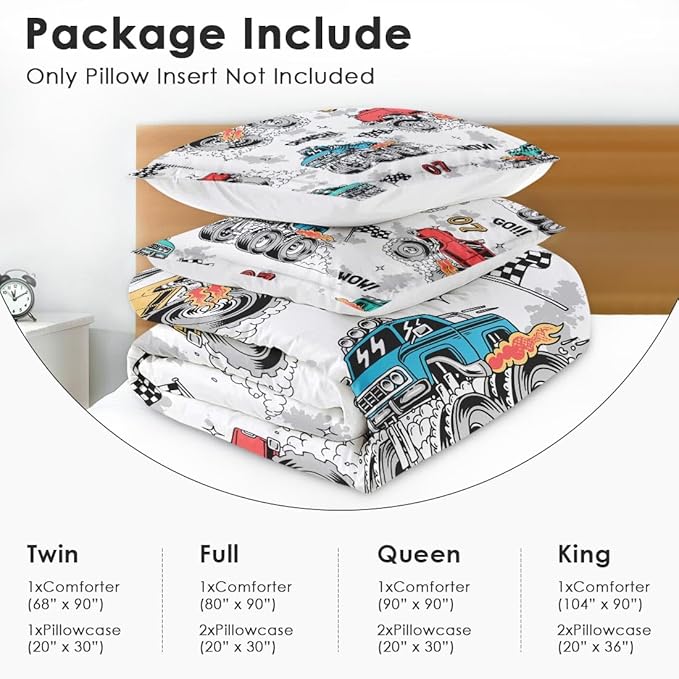 Trucks Car Race Comforter Set for Boys Kids Toddlers Teens Adults King, Cool Vehicle Wheel Bedding Sets Water Washed Microfiber Bedding with 1 Comforter 2 Pillowcase All Season
