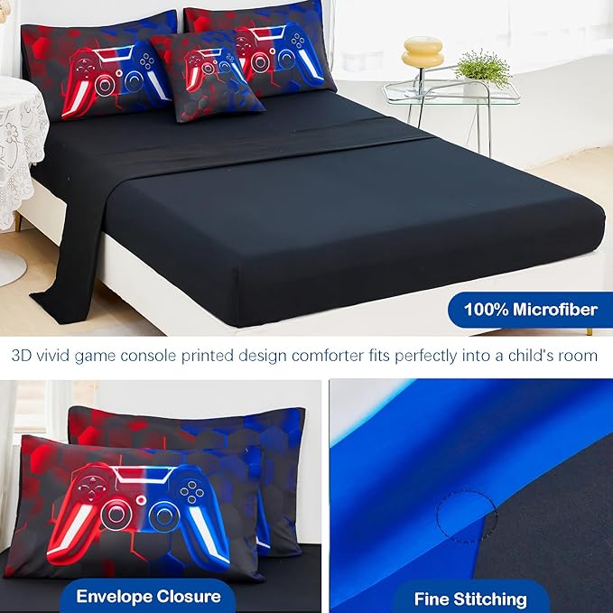 URBONUR Boys Gamer Comforter Set Twin Size 3D Video Game Gamepad Bedding Set Kids Teen Down Comforter with Sheets Room Decor Black Red Blue Gaming Quilted Duvet